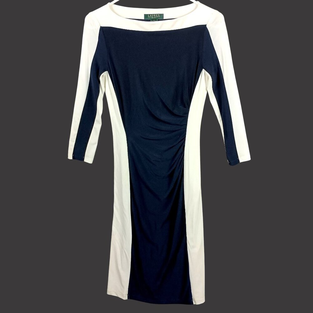 Lauren Ralph Lauren Ruched Sheath Dress Knee Length Colorblocked Blue White 2